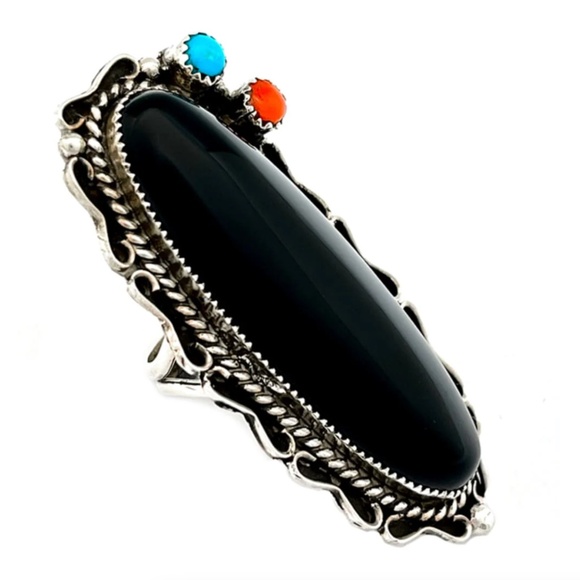 Huge Navajo Ring Onyx Turquoise Sterling Silver Sz 8 Native American S. Yazzie
